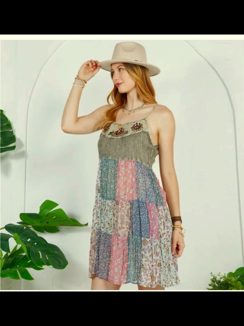 Young Threads Boho Patchwork Tiered Midi Dress in Olive & Floral Sz S - Picture 2 of 13
